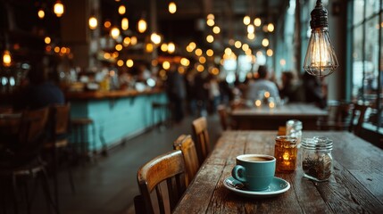 Cozy Coffee Shop Interior with Rustic Wood Table and Warm Lighting