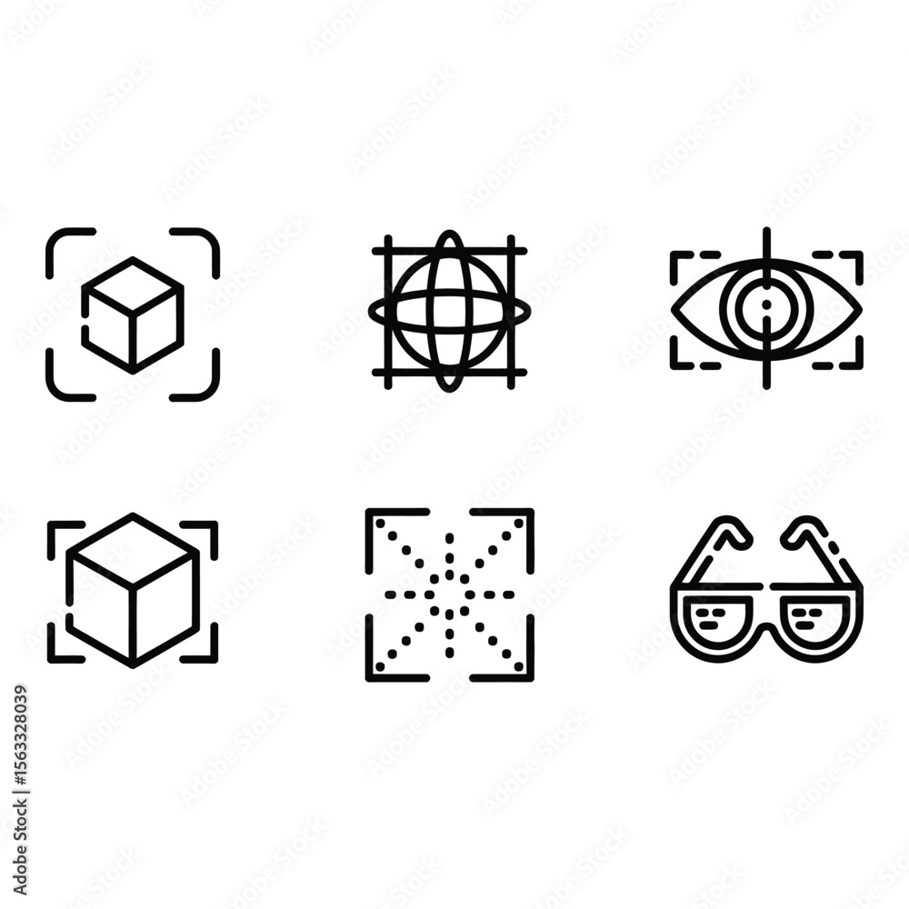 Poster modern bold line icons augmented reality 3d modeling global vision focus and virtual reality glasses