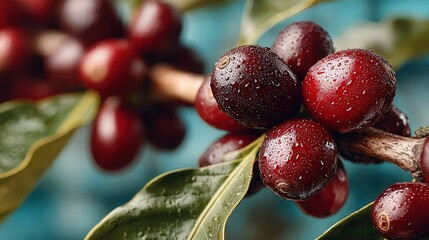 Close-Up of Fresh, Ripe Coffee Berries with Dew Drops