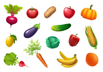 Vegetables and fruits set. Vector 3d illustration isolated on white background.