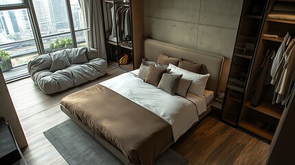 Designer brown bedroom layout with chic pillows and clean bed sheet, concrete and wood flooring blend, cozy atmosphere enhanced by city light, grey sculptural sofa, and floor-to-ceiling wardrobe