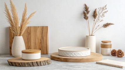 Modern minimalist product display featuring a neutral-toned ceramic platform, wooden accents, pampas grass, and a blank notebook on a light gray surface; evokes a calm, serene mood.
