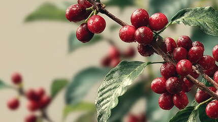 Fresh Red Coffee Berries on a Branch with Dew Drops