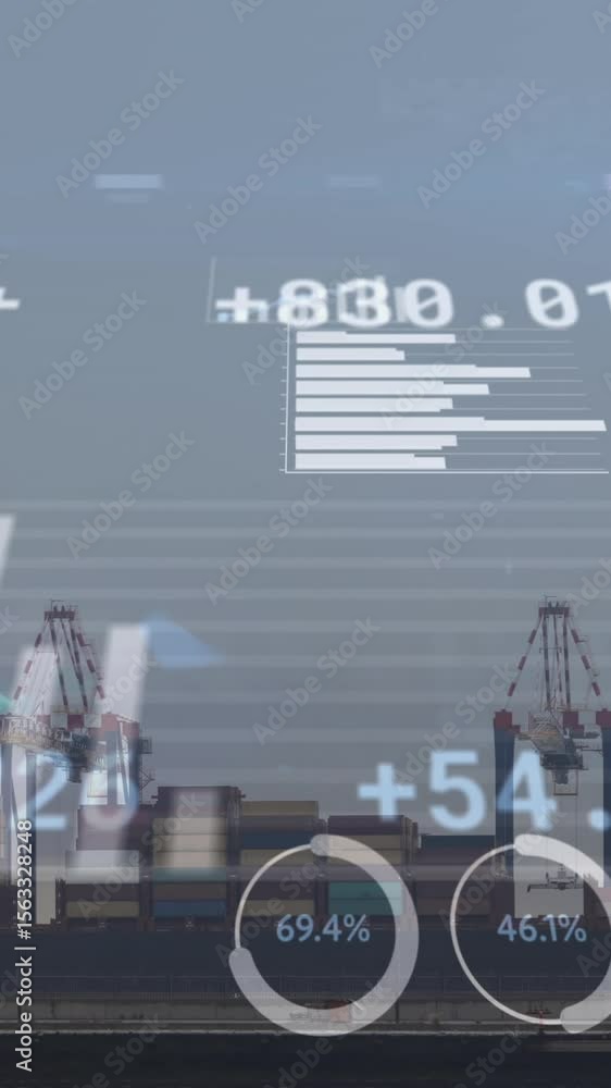 Aufkleber animation of data processing and stock market over port