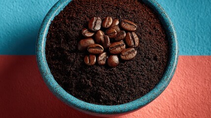 Ground Coffee and Beans in Blue Bowl on Split Background