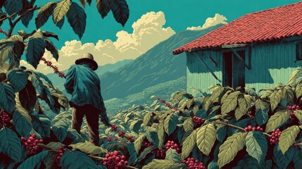 Coffee Plantation Worker Harvesting Beans with Mountains in Background