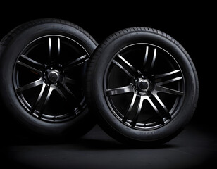 Obraz premium car wheel isolated on black background, Alloy wheels with black round car tires and rubber tread on a black background