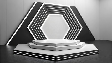 Modern minimalist product display: three-tiered hexagonal podium with sleek black and white geometric backdrop, illuminated for a clean, sophisticated aesthetic.