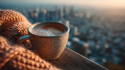 Cozy Coffee Break: Mug Overlooking Blurred Cityscape