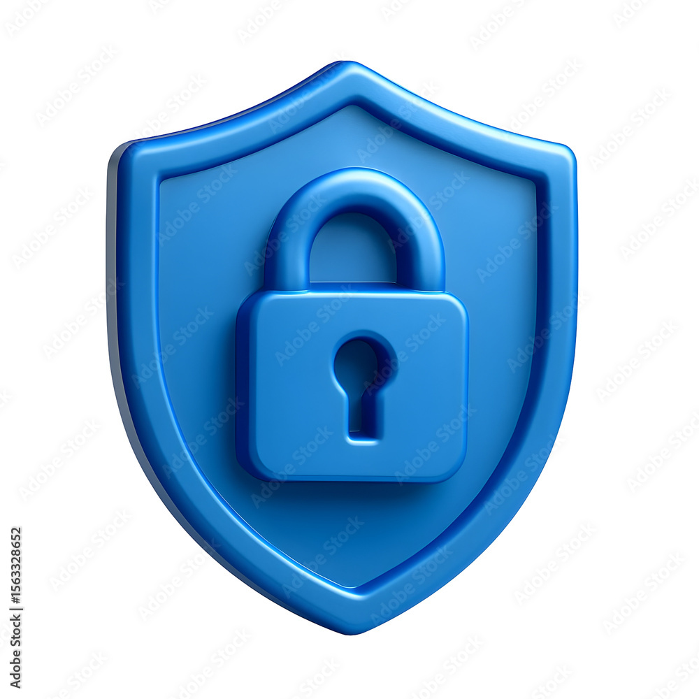 Fototapete 3d rendering of a blue shield with a padlock against a black background, symbolizing data protection