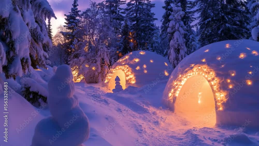 Poster discover a mesmerizing winter landscape where enchanting igloos radiate warm light amidst towering t