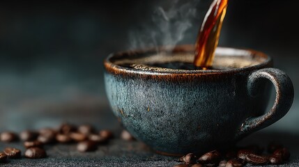 Close-up of Steaming Coffee in a Ceramic Mug Surrounded by Coffee Beans
