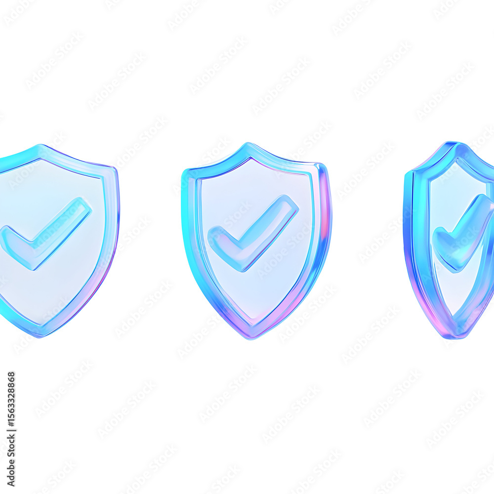 Poster 3d digital shields with checkmarks aligned on black background, representing security confirmation. 