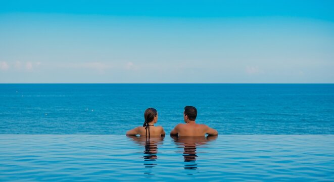 Couple Relaxing in Infinity Pool Overlooking the Ocean on a Sunny Day