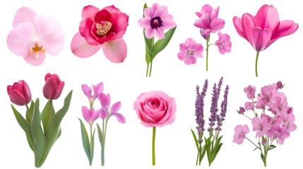 A gorgeous assortment of pink floral elements showcases orchids, tulips, roses, lavender, and other lovely blossoms on a transparent background.