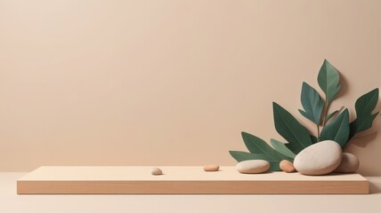 Serene Minimalist Product Display: Light Beige Wooden Platform with Smooth Stones and Lush Green Leaves, Calming Neutral Background, Perfect for Beauty or Wellness Branding.