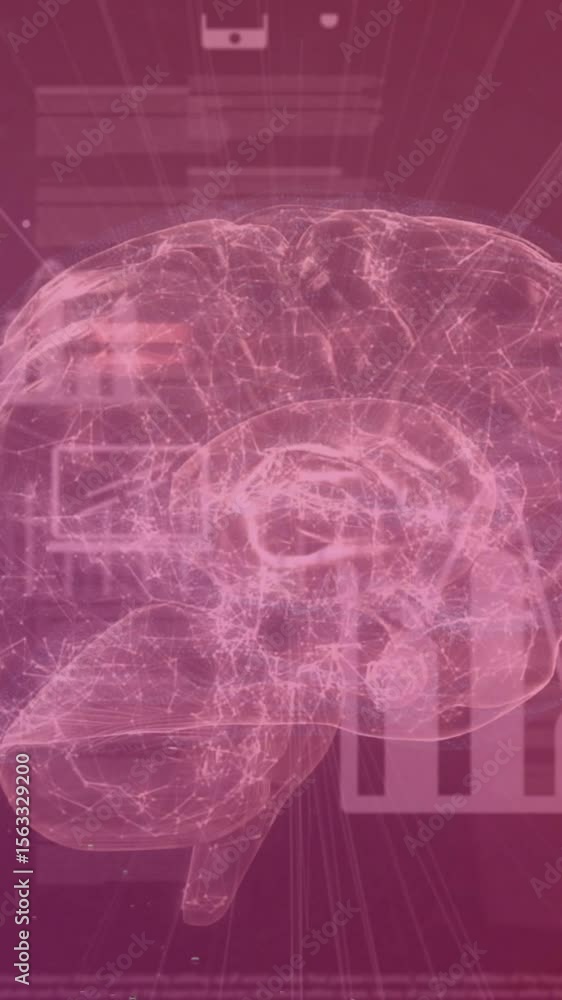 Aufkleber animation of data processing with icons and brain model over bubble on purple background
