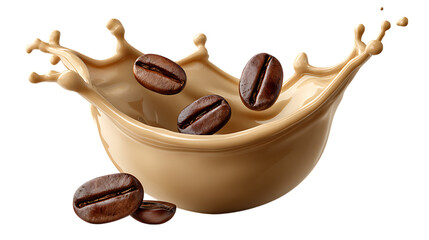 Rich coffee splash with roasted beans and creamy liquid isolated on transparent background