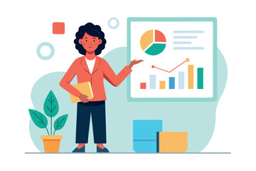 Confident businesswoman presenting financial data charts and graphs during a modern business presentation.