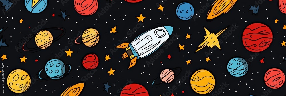 Aufkleber seamless pattern featuring a spaceship navigating through a vibrant universe filled with colorful pl