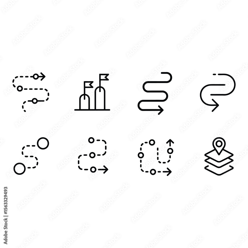 Poster modern minimalist line icons journey route path navigation progress destination goal success map loc