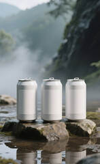 Obraz premium Mockup of three white canned drinks, with blank labels
