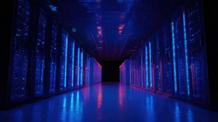 Fototapeta premium Futuristic Cloud Server Racks with Glowing Blue Lights
