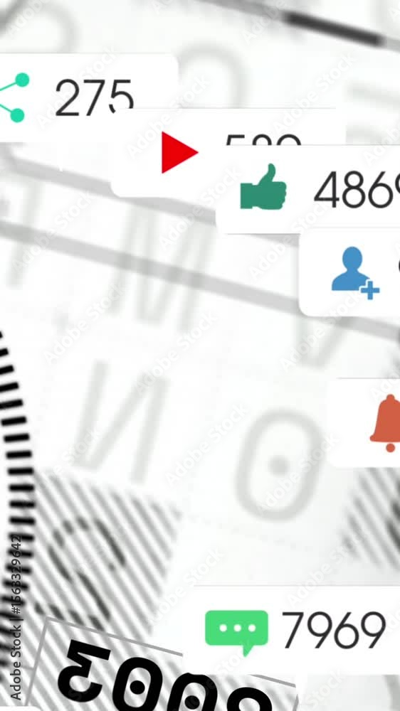 Poster Animation of media icons and data processing over globe