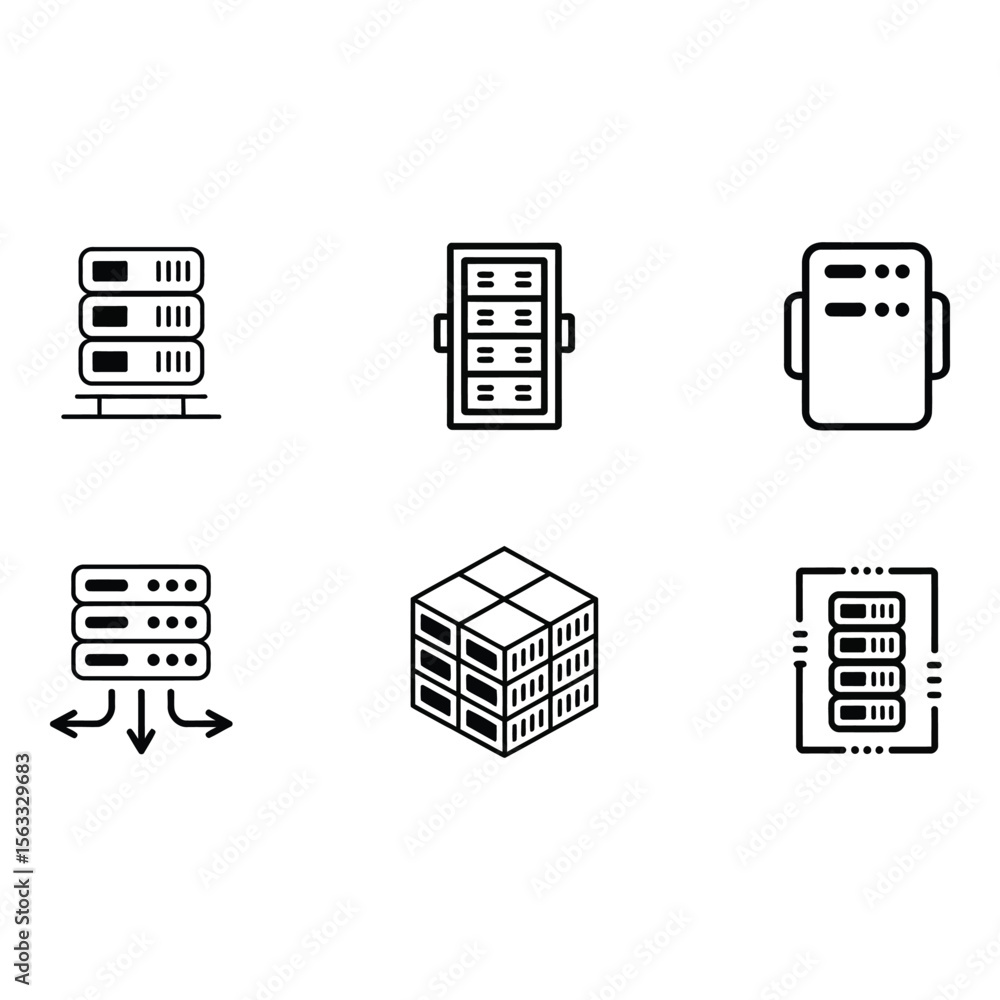 Fototapete Modern Server Rack Icons Data Center Cloud Computing Network Infrastructure Minimalist Line Art Style