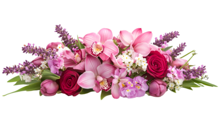 Exquisite floral display featuring pink orchids, red roses, and lavender sprigs, perfect for botanical themes and elegant designs, transparent background