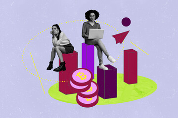 Creative full art collage of happy girl guy sit together chart progress receive dollar capital...