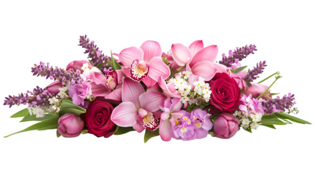 Exquisite floral display featuring pink orchids, red roses, and lavender sprigs, perfect for botanical themes and elegant designs, transparent background