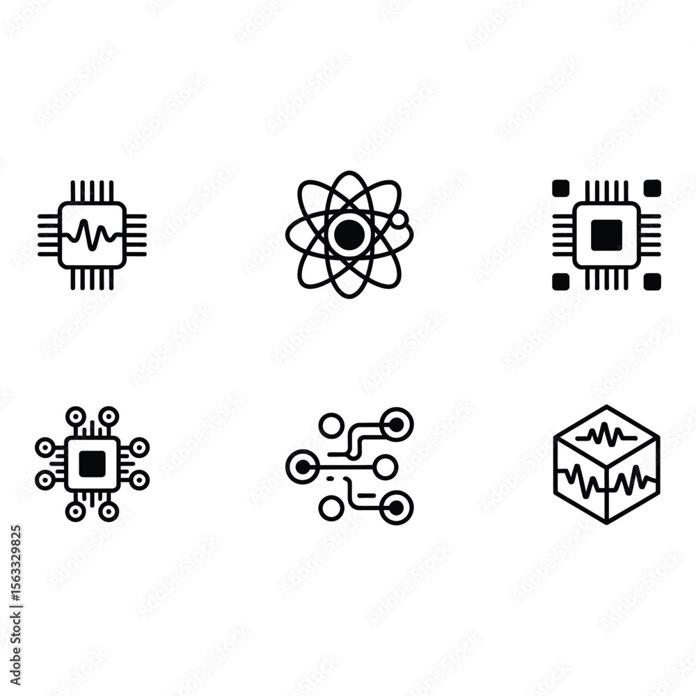 Aufkleber modern technology icons clean line art abstract data processing quantum computing digital signal pro