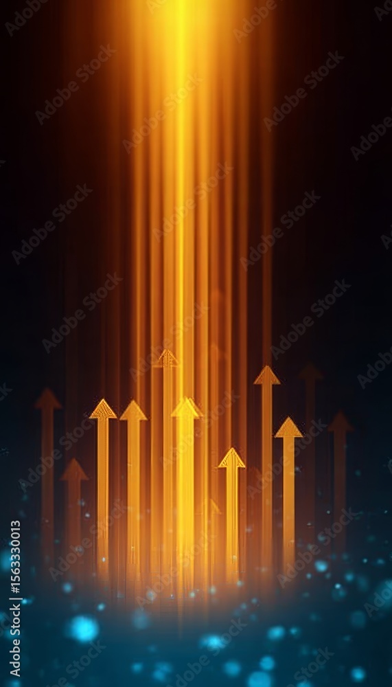 Poster dynamic abstract ascent of yellow arrows emerging with light rays to achieve tech innovation goals