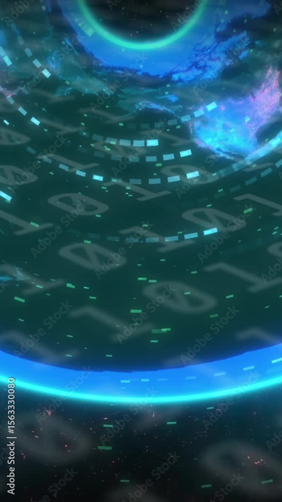 Poster animation of data processing over world map on black background