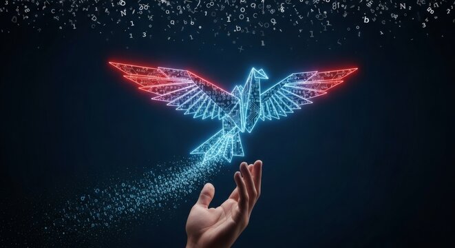 digital circuit origami bird of data and artificial intelligence, symbolizing freedom, innovation, and technological connection with a human hand in a futuristic dark environment - Powered by Adobe