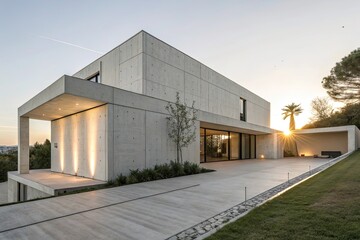 Empty square floor pavement in front of modern architecture building exterior with glass wall and metallic facade entrance.