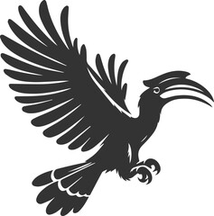 Black vector silhouette of a hornbill bird drawing illustration
