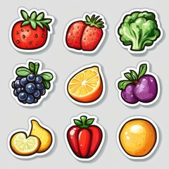 Colorful collection of illustrated fruits and vegetables on a light background showcasing a variety of fresh produce items