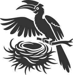 Black vector silhouette of a hornbill bird drawing illustration