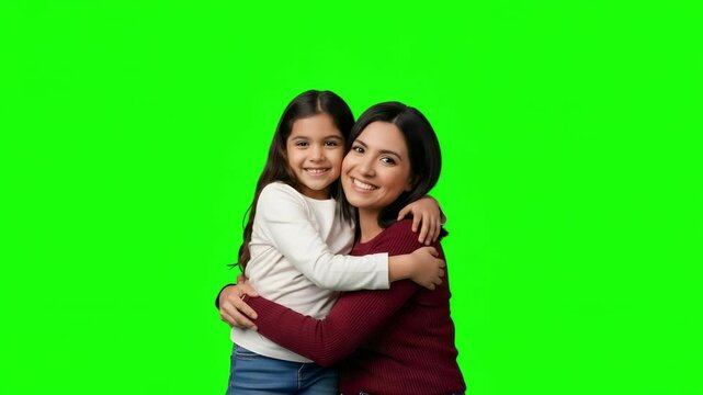 Happy Mother and Daughter Hugging and Smiling for Family Love and Bonding on Green Screen Background