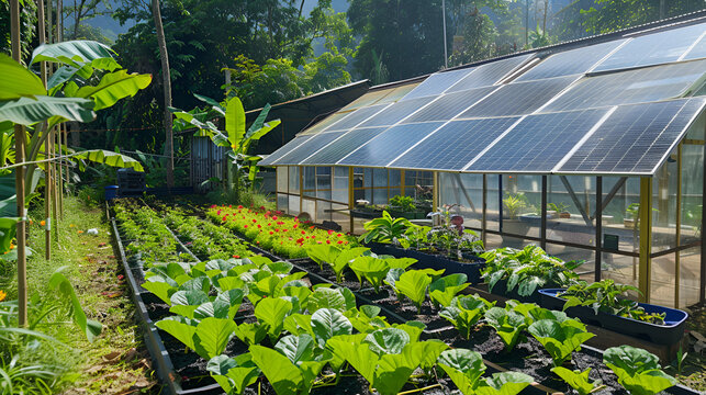 Lush organic garden thrives under the sustainable energy of solar panels on a greenhouse roof. - Powered by Adobe