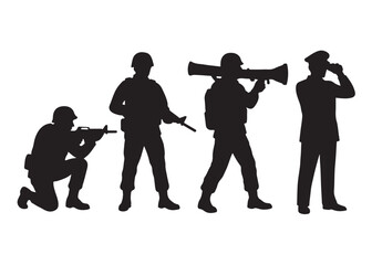 military logo silhouette vector, army soldiers with rifle silhouette vector, silhouette military men stood with short guns, soldier army logo silhouettes vector on a white background