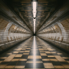 Futuristic Subway Tunnel with Repeating Geometric Patterns and Modern Design