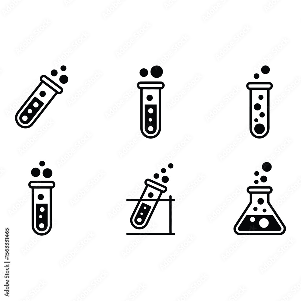 Aufkleber science experiment icons black and white minimalist vector graphics of bubbling test tubes and flask