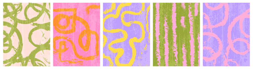 Set of summer covers,  with smooth abstract.Chaotic green, pink and violet hand-drawn looping lines on grunge texture pastel background. Artistic design for banner or placard.