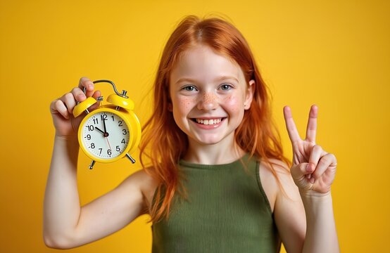Young redhead girl with vibrant red hair holds yellow alarm clock in hand. She smiling and making a peace sign with her left hand. Green tank top and yellow background.