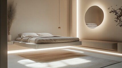 Floating bed in modern bedroom surrounded by indirect LED lighting, neutral palette, and abstract wall decor