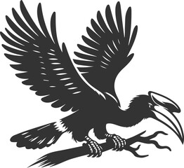 Black vector silhouette of a hornbill bird drawing illustration