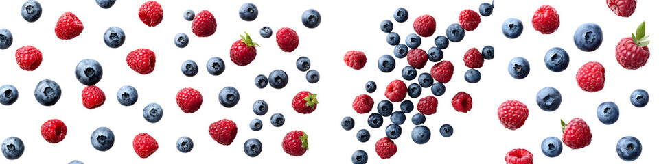 Fresh Raspberries and Blueberries in Motion on White